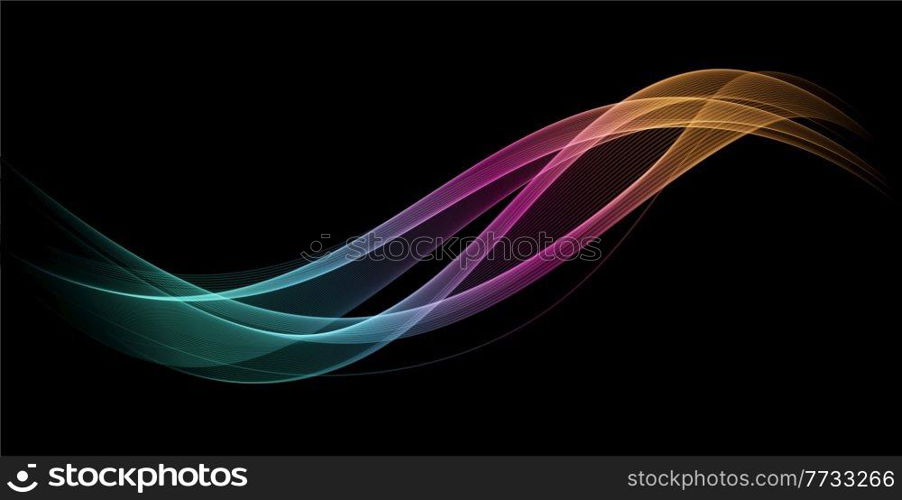 Abstract blue, pink and gold smoke Waves. Spectrum rainbow color. Shiny moving lines design element on dark background for gift, greeting card and disqount voucher. Vector Illustration. Abstract Waves. Shiny blue moving lines design element on dark background for greeting card and disqount voucher.