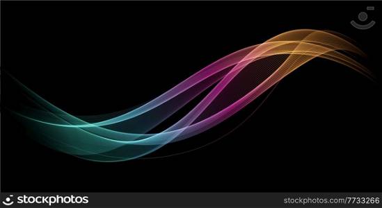 Abstract blue, pink and gold smoke Waves. Spectrum rainbow color. Shiny moving lines design element on dark background for gift, greeting card and disqount voucher. Vector Illustration. Abstract Waves. Shiny blue moving lines design element on dark background for greeting card and disqount voucher.