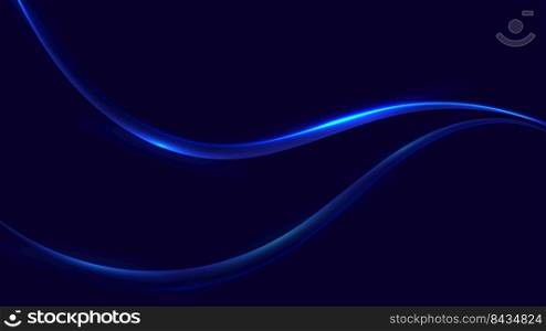 Abstract blue shiny glowing wave moving lines with lighting effect design elements on dark background. Technology digital concept. Vector illsutration