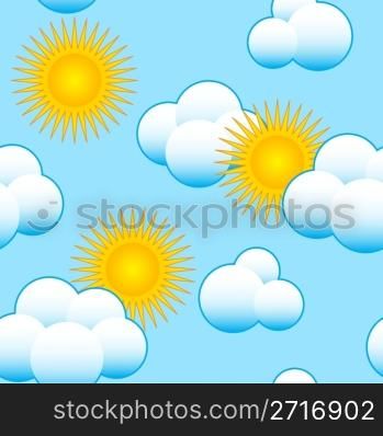 Abstract blue sky background with clouds and orange sun. Seamless pattern. Vector illustration.