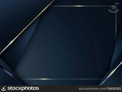 Abstract blue stripes triangles shapes with shiny golden lines and frame background luxury style. Vector illustration