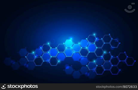 Abstract blue technology connect concept geometric hexagons pattern with glowing light and blank space on dark background vector