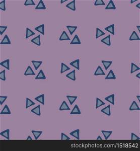 Abstract blue triangle seamless pattern on purple background. Geometric triangles wallpaper. Decorative backdrop for fabric design, textile print, wrapping. Vector illustration. Abstract blue triangle seamless pattern on purple background. Geometric triangles wallpaper.