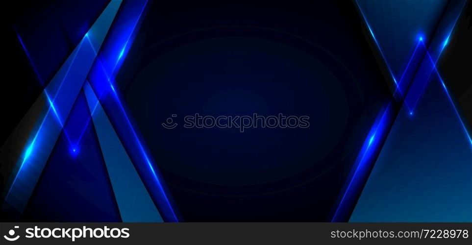 Abstract blue triangles with lighting laser on black background with space for your text. Technology concept. Vector illustration