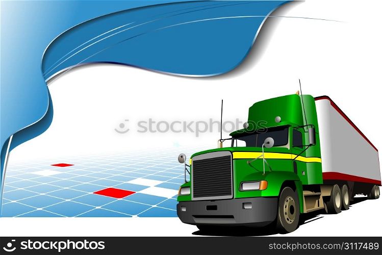 Abstract blue wave background with green lorry on the road. Vector illustration