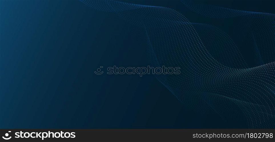 Abstract blue wave dots particles on dark blue background. Vector illustration