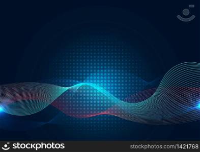 Abstract blue wave line with halftone on dark background. Technology concept. Vector illustration