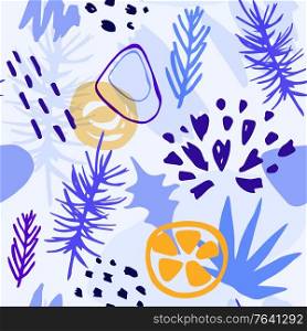 Abstract blue winter seamless pattern with pine branch and citrus fruit. Decorative seasonal vector background