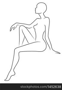 Abstract body of charming sitting woman, black isolated on the white background, side view, hand drawing outline