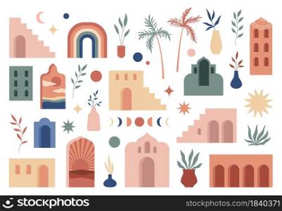 Abstract boho architecture. Buildings geometry elements, contemporary aesthetic simple style, minimalistic flat oriental forms. Doors and windows, sun moon and stars, decor graphic vector isolated set. Abstract boho architecture. Buildings geometry elements, contemporary aesthetic simple style, minimalistic flat oriental forms. Doors and windows, sun moon and stars, vector isolated set