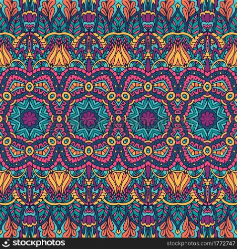 Abstract boho bright festive pattern for fabric.Abstract geometric colorful seamless mandala flower print.. Vector seamless pattern ethnic tribal geometry psychedelic colorful fabric print