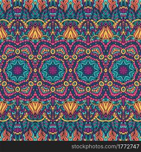 Abstract boho bright festive pattern for fabric.Abstract geometric colorful seamless mandala flower print.. Vector seamless pattern ethnic tribal geometry psychedelic colorful fabric print