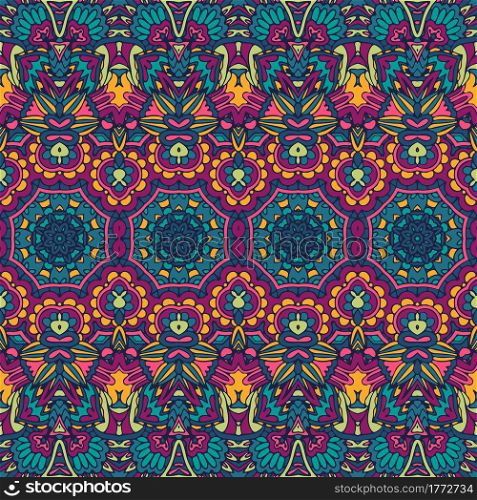 Abstract boho bright festive pattern for fabric. Geometric medallion doodle colorful seamless pattern ornamental. Vector intricate psychedelic print. Vector seamless pattern ethnic tribal geometry psychedelic colorful fabric print