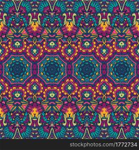 Abstract boho bright festive pattern for fabric. Geometric medallion doodle colorful seamless pattern ornamental. Vector intricate psychedelic print. Vector seamless pattern ethnic tribal geometry psychedelic colorful fabric print