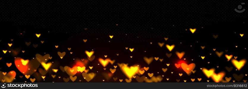 Abstract bokeh background with blurred golden hearts. Vector realistic illustration of creative pattern for romantic wallpaper, Valentine Day greeting card, wedding decoration. Defocused backdrop. Bokeh background with blurred golden hearts