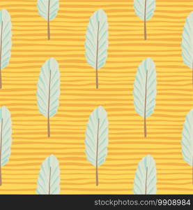 Abstract botanic seamless leaf pattern. Floral silhouettes in light blue color on yellow background with strips. Perfect for wallpaper, textile, wrapping paper, fabric print. Vector illustration.. Abstract botanic seamless leaf pattern. Floral silhouettes in light blue color on yellow background with strips.