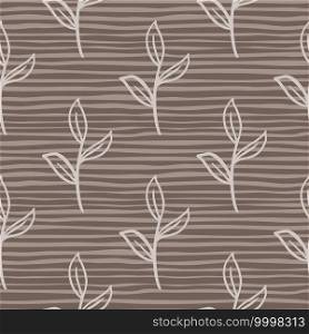 Abstract botanic seamless pattern with contoured leaf branches shapes. Brown striped backround. Decorative backdrop for fabric design, textile print, wrapping, cover. Vector illustration.. Abstract botanic seamless pattern with contoured leaf branches shapes. Brown striped backround.