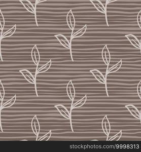 Abstract botanic seamless pattern with contoured leaf branches shapes. Brown striped backround. Decorative backdrop for fabric design, textile print, wrapping, cover. Vector illustration.. Abstract botanic seamless pattern with contoured leaf branches shapes. Brown striped backround.