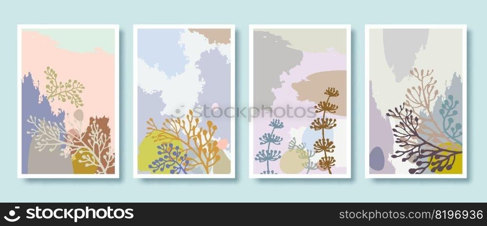 Abstract botanical flowers set with brush background, Luxury pattern design with flower, Hand draw Organic shape design for wall framed prints, poster and brush strokes for your graphic design.
