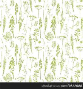 Abstract botanical seamless pattern. Vector herbal background for various surface. Trendy hand drawn textures.. Abstract botanical seamless pattern. Vector herbal background.