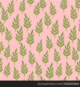 Abstract botany seamless pattern with little green leaf branches elements. Pink background. Decorative backdrop for fabric design, textile print, wrapping, cover. Vector illustration.. Abstract botany seamless pattern with little green leaf branches elements. Pink background.