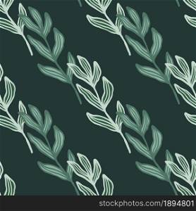 Abstract branch with leaves seamless pattern on green background. Art leaf background. Nature wallpaper. For fabric design, textile print, wrapping, cover. Simple vector illustration.. Abstract branch with leaves seamless pattern on green background.