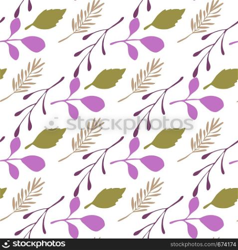 Abstract branches and leaves seamless pattern on white background. Vector backdrop in flat style for textile or book covers, wallpapers, design, graphic art, wrapping. Abstract branches and leaves seamless pattern on white background.