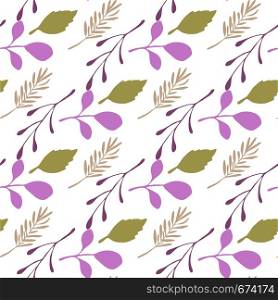 Abstract branches and leaves seamless pattern on white background. Vector backdrop in flat style for textile or book covers, wallpapers, design, graphic art, wrapping. Abstract branches and leaves seamless pattern on white background.