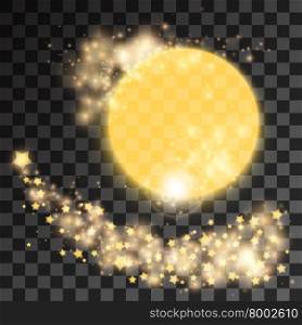 Abstract Bright Golden Sun with Stardust. Shooting Star, Twinkling Star, Comet Trail. Glowing Christmas Lights for Brochures, Flyers, Posters, Greeting Cards. Vector illustration.