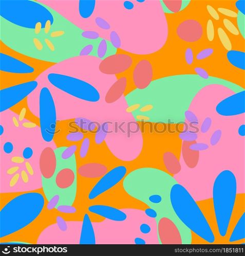 Abstract bright modern seamless pattern, vector illustration. Various chaotic shapes, colored background. Fashionable casual style.. Abstract bright modern seamless pattern, vector illustration.