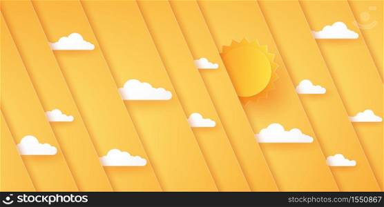 Abstract bright orange diagonal overlay background with sun and cloud, paper art style