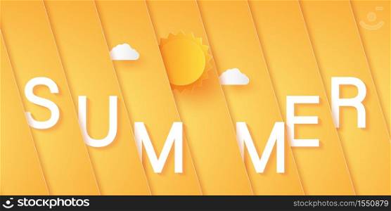 Abstract bright orange diagonal overlay background with sun, cloud and lettering, paper art style