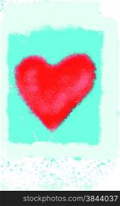 Abstract bright red heart on blue watercolor background