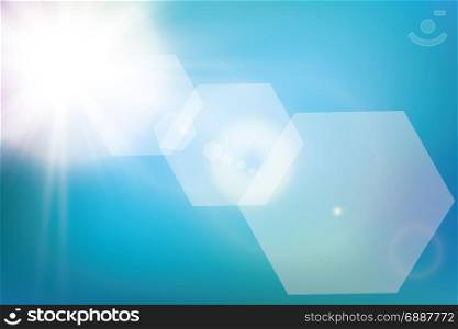 Abstract bright shining sun with lens flare in a blue sky. Vector illustration. Abstract bright shining sun with lens flare in a blue sky. Vector illustration. Vector
