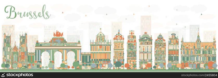 Abstract Brussels Skyline with Color Buildings. Vector Illustration. Business Travel and Tourism Concept with Historic Architecture. Image for Presentation Banner Placard and Web Site