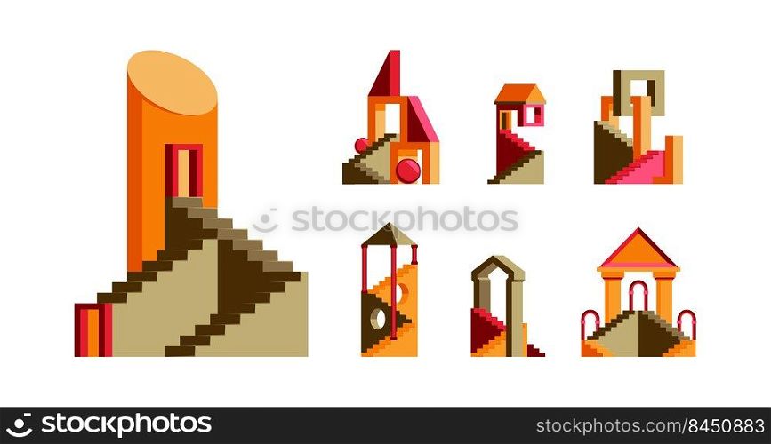 Abstract buildings. Maze houses with stairs multicolored stylized appartment geometric cityscape constructions garish vector flat colored illustrations. Set of maze building house. Abstract buildings. Maze houses with stairs multicolored stylized appartment geometric cityscape constructions garish vector flat colored illustrations