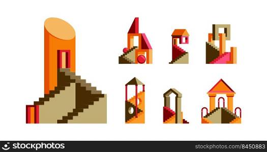 Abstract buildings. Maze houses with stairs multicolored stylized appartment geometric cityscape constructions garish vector flat colored illustrations. Set of maze building house. Abstract buildings. Maze houses with stairs multicolored stylized appartment geometric cityscape constructions garish vector flat colored illustrations