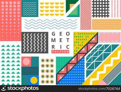 Abstract bundle bright geometric pattern memphis style with copy space background. Trendy fashion 80-90s. You can use for ad, presentation, broxhure, poster, banner web, and more. Vector illustration