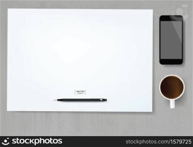 Abstract business background of white paper sheet with pencil, smartphone and coffee cup on gray concrete texture. Vector illustration.