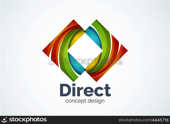 Abstract business company arrow logo template, direct concept - geometric minimal style, created with overlapping curve elements and waves. Corporate identity emblem