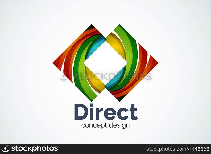 Abstract business company arrow logo template, direct concept - geometric minimal style, created with overlapping curve elements and waves. Corporate identity emblem