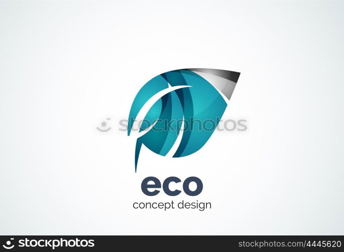 Abstract business company leaf logo template, green concept - geometric minimal style, created with overlapping curve elements and waves. Corporate identity emblem.