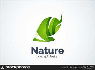 Abstract business company leaf logo template, green concept - geometric minimal style, created with overlapping curve elements and waves. Corporate identity emblem.