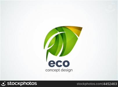 Abstract business company leaf logo template, green concept - geometric minimal style, created with overlapping curve elements and waves. Corporate identity emblem.