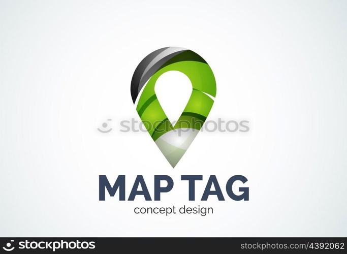 Abstract business company map tag or locator logo template, navigation pointer concept - geometric minimal style, created with overlapping curve elements and waves. Corporate identity emblem