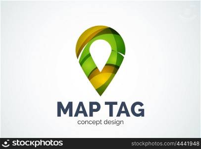 Abstract business company map tag or locator logo template, navigation pointer concept - geometric minimal style, created with overlapping curve elements and waves. Corporate identity emblem