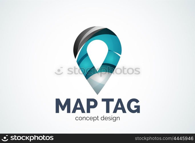 Abstract business company map tag or locator logo template, navigation pointer concept - geometric minimal style, created with overlapping curve elements and waves. Corporate identity emblem