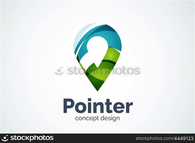 Abstract business company map tag or locator logo template, navigation pointer concept - geometric minimal style, created with overlapping curve elements and waves. Corporate identity emblem