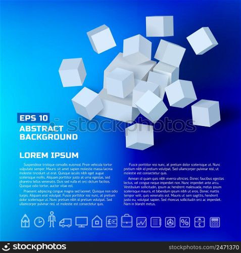 Abstract business geometric poster with gray 3d cubes squares line icons on blue background isolated vector illustration. Abstract Business Geometric Poster