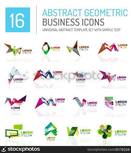 Abstract business icons. Abstract geometric business logo icon set. Colorful geometrical figure compositions with light effects - triangles circles rings arrows lines